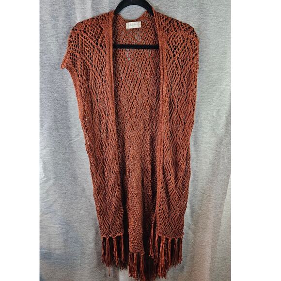 Altar'd State Burnt Orange Open Lace Crochet Long Duster Vest Shrug Small - Picture 1 of 7